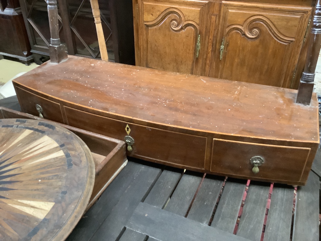 A Victorian butler's tray, 55cm and three incomplete items of furniture comprising a canterbury base, an inlaid table top and a toilet mirror base